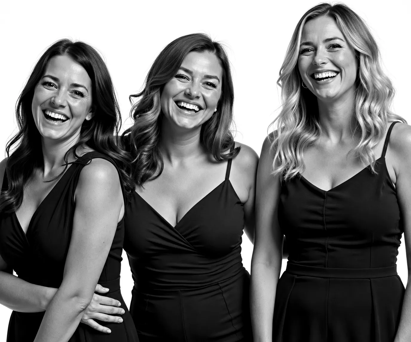 Three event guests laughing together in a black-and-white Monochrome Memories portrait