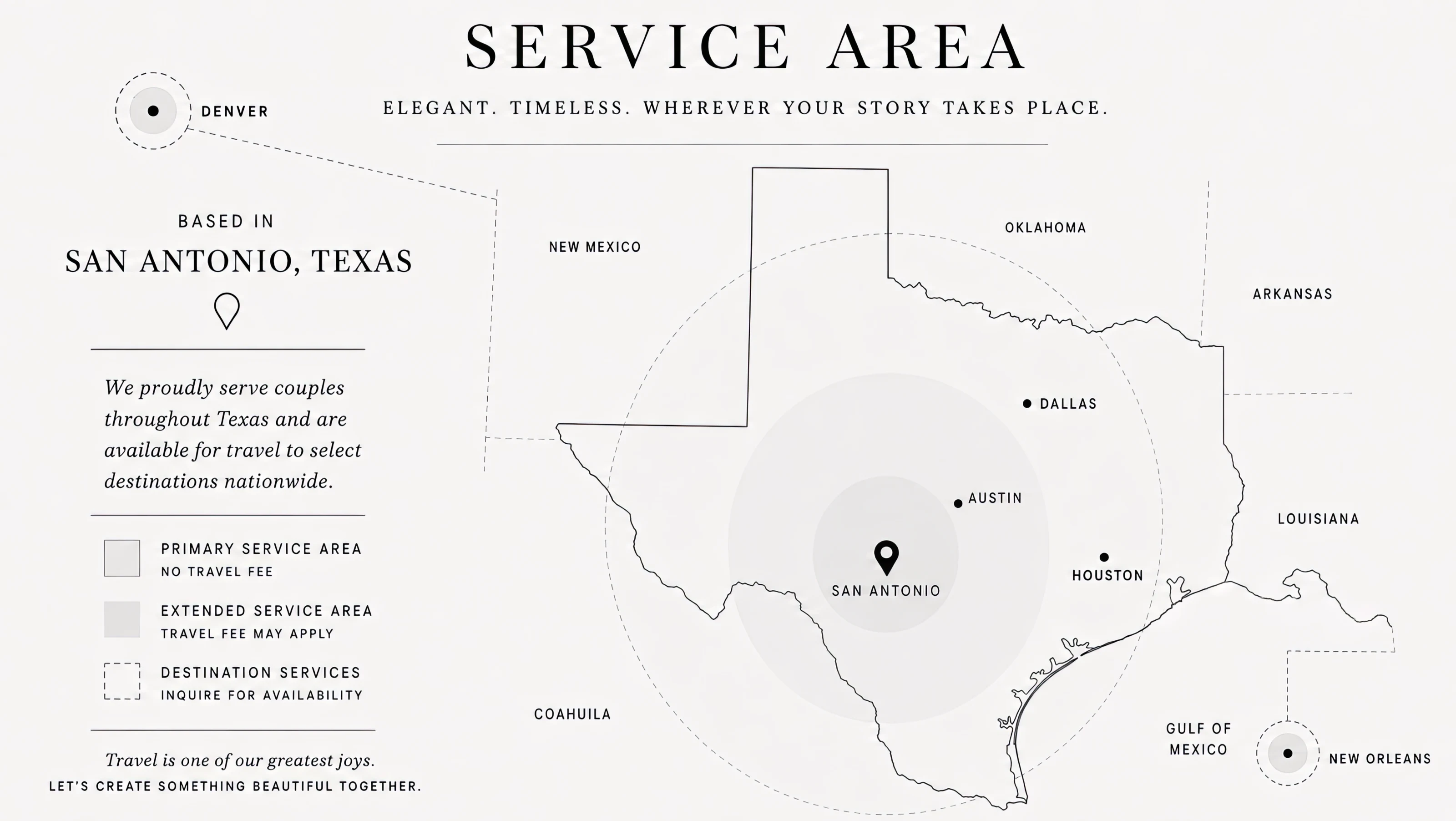 Expanded Monochrome Memories service area map showing San Antonio, Hill Country, Austin, Dallas, Houston, Denver, and New Orleans