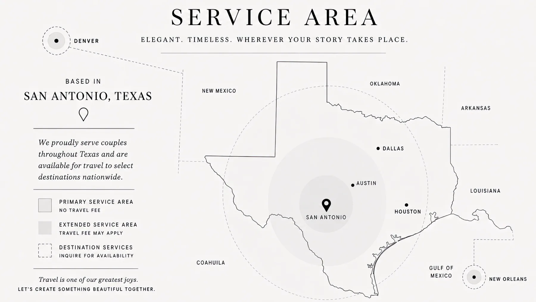 Monochrome Memories service area map showing San Antonio, Hill Country, Austin, Dallas, Houston, Denver, and New Orleans