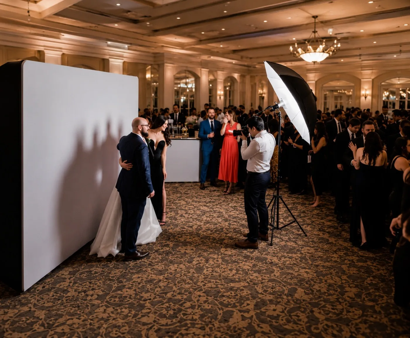 Wide event room view with white backdrop, studio light, photographer, and guests gathered nearby