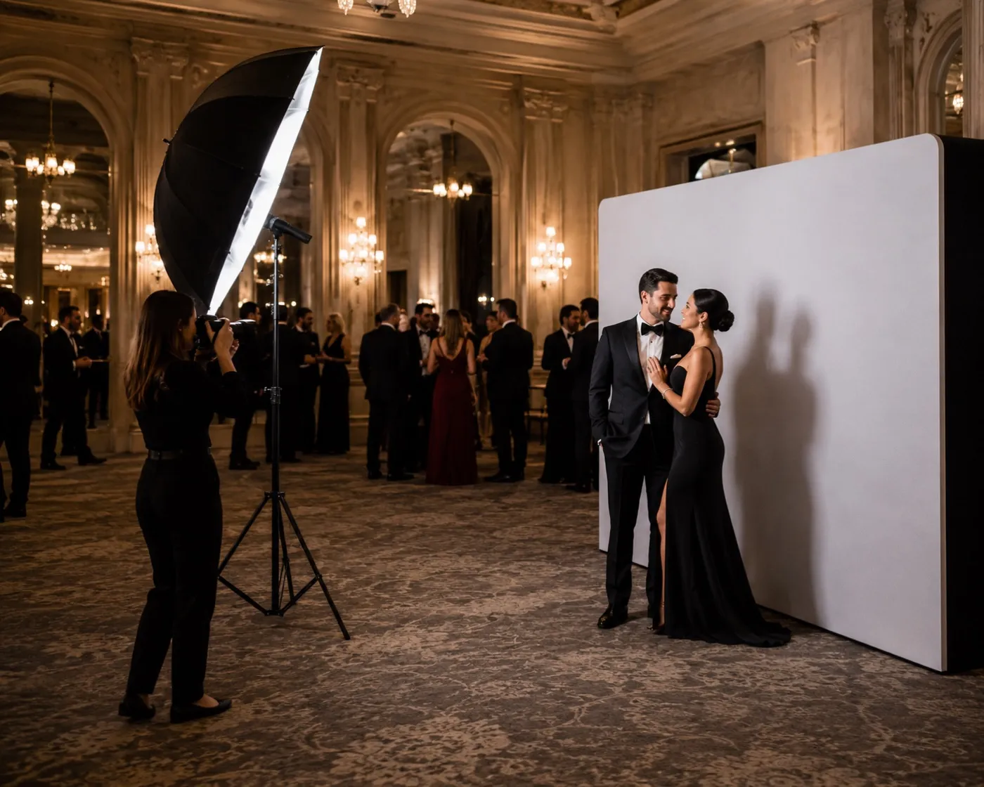 Photographer directing a couple at a white backdrop portrait setup with event guests nearby