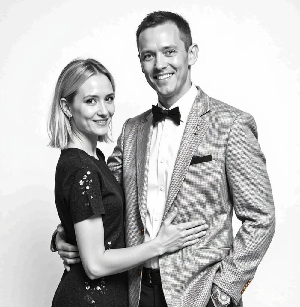 Romantic black-and-white couple portrait on a white backdrop