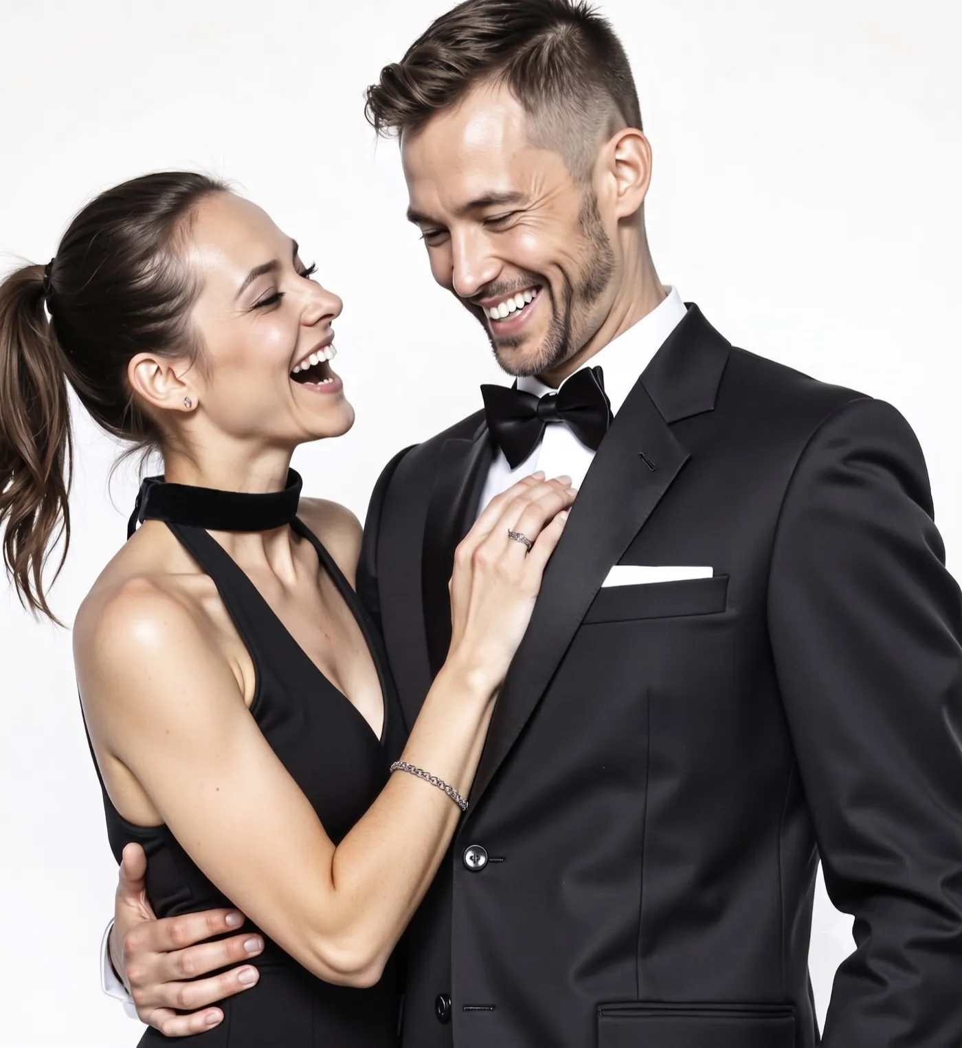 Couple laughing together in formal black attire