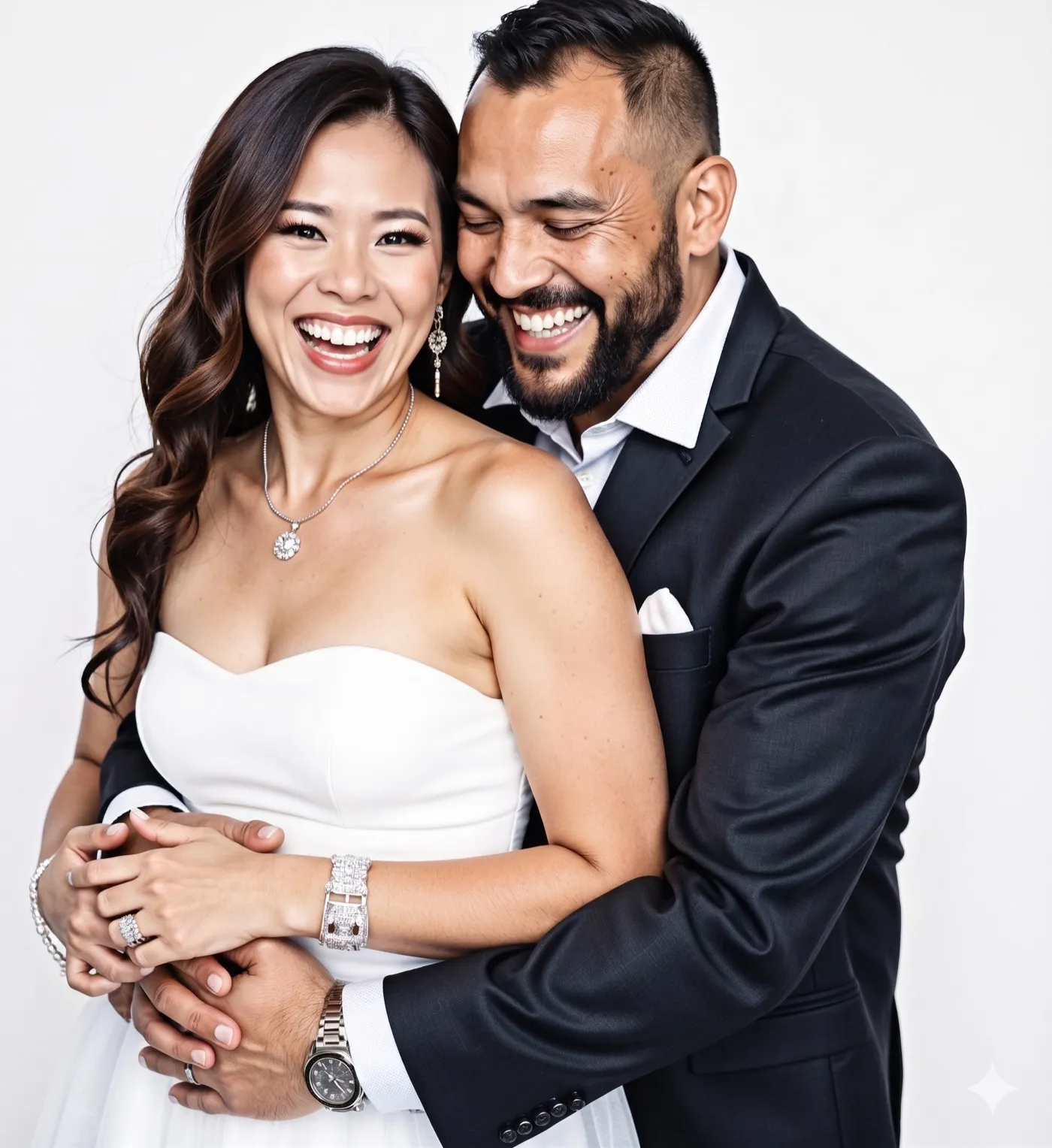 Laughing couple portrait on a clean white backdrop