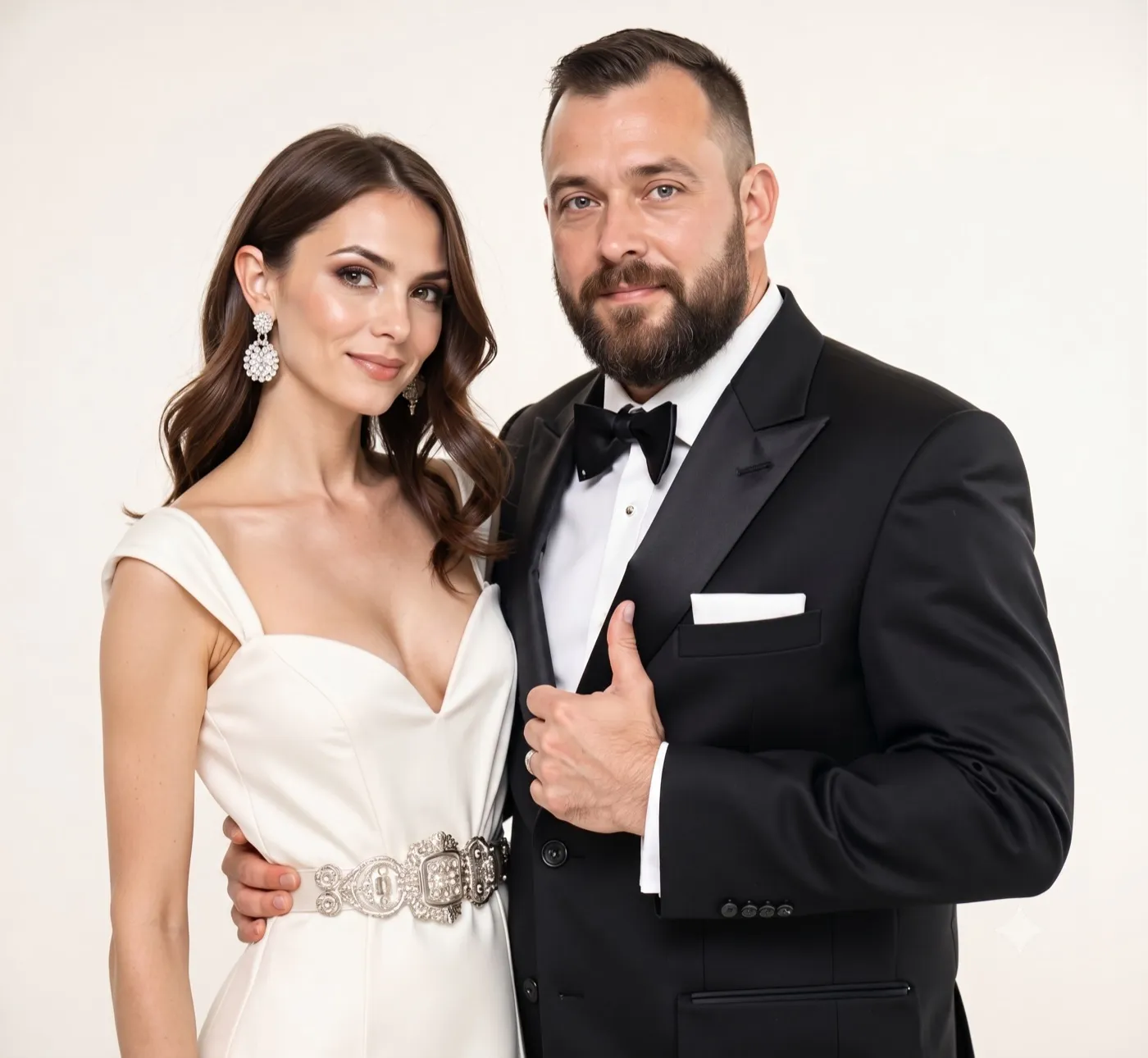 Formal couple portrait with white dress and tuxedo