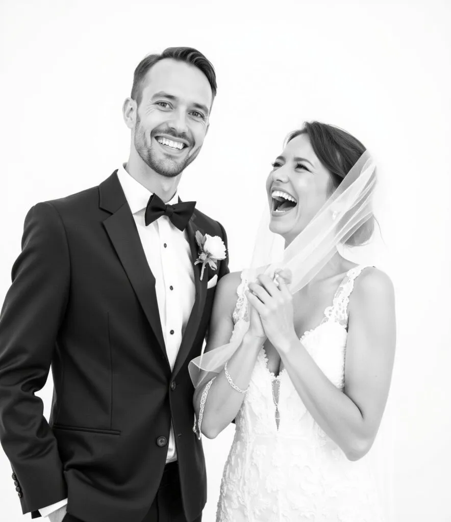 Black-and-white bridal event portrait with veil