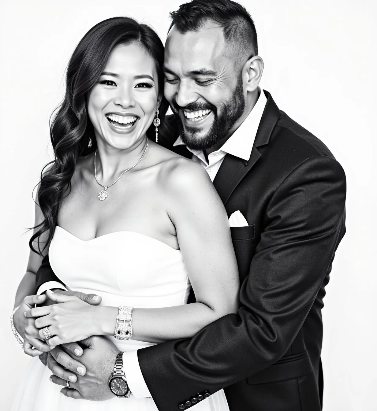 Laughing wedding couple portrait on a white backdrop